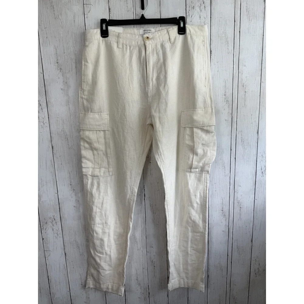 Banana Republic Cargo Pants Mens 33 X 32 Beige Slim Straight Linen Blend NWT